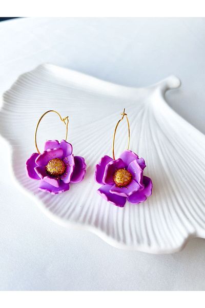 TREND Glitter Purple Floral Modern Polymer Hoop Earrings