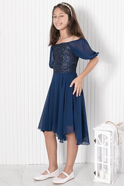 SUBU TASARIM Βραδινό φόρεμα σιφόν με λεπτομέρεια με μανίκια Navy Blue Mdv332