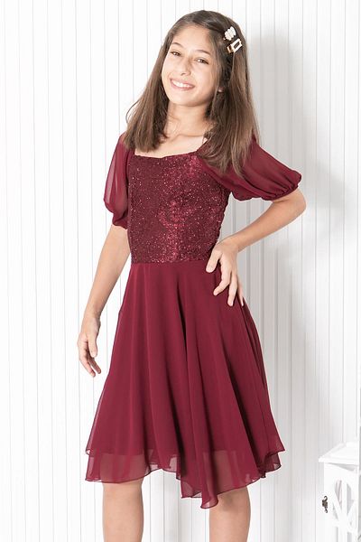 SUBU TASARIM Balloon Sleeve Detailed Chiffon Evening Dress Claret Red Mdv332