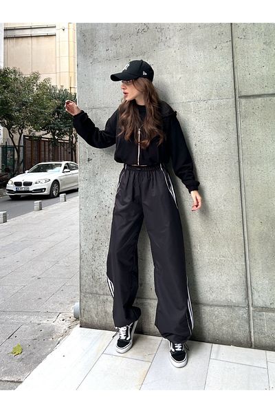 AtegeWear Y2K Harajuku Stripe Λεπτομέρεια Αλεξίπτωτο Φούτερ/Παντελόνι