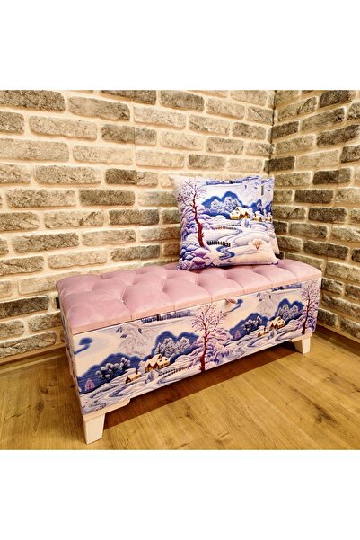Armi Puf Pembe Karlı Manzara Desenli Sandıklı Puf +2 Kırlent