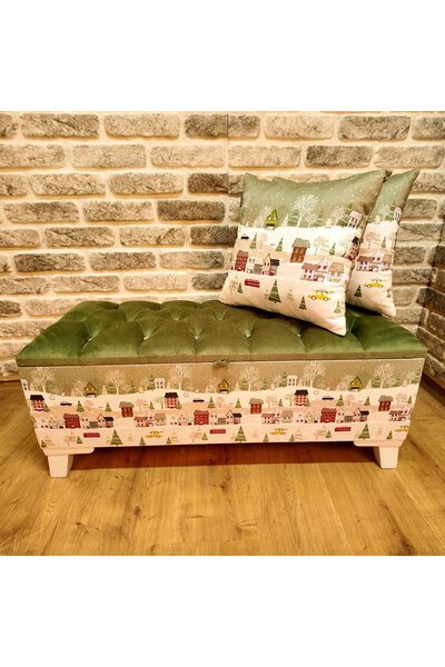 Armi Puf Yeşil Karlı Şehir Desenli Sandıklı Puf +2 Kırlent