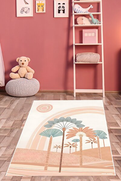 Pelangi Palmiyeler Minimalist Manzara Gökkuşağı Yıkanabilir Kaymaz Taban Leke...