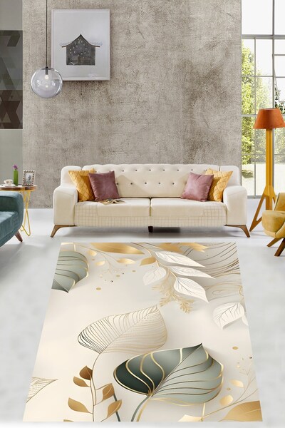 Pelangi Yaprak Desenli Modern Minimalist Lüks Yıkanabilir Kaymaz Taban Leke T...