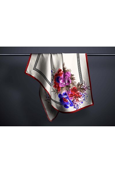 hijabchi Μεγάλο μεταξένιο κασκόλ Sura Rayon - Κρέμα - Claret Red - 120 X 120 cm