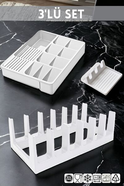 NY HOME 3-Piece Kitchen Set White Spoon Holder-Spoon Holder-Pot Lid Organizer