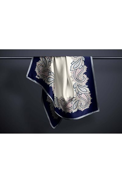 hijabchi Μεγάλο μεταξένιο κασκόλ Sura Rayon - Navy Blue - Cream - 120 X 120 cm