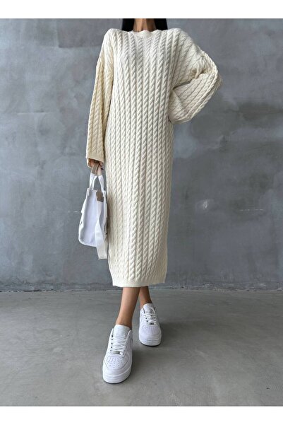 HARMONY GLOBAL Kadın Saç Örgü Detay Midi Boy Uzun Kışlık Triko Elbise
