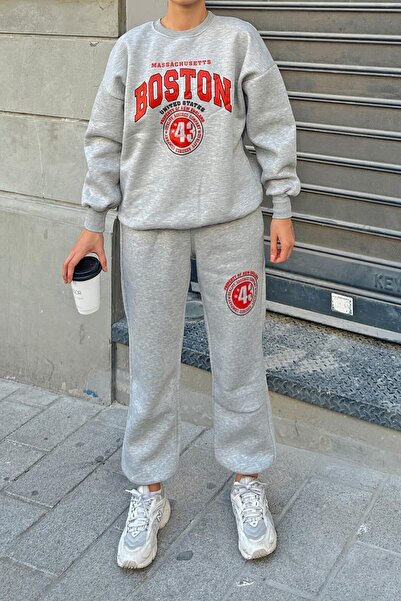 CERENCE AKÇA OKULCUNUZ Black Bstn Printed Women's Tracksuit Set with Elastic Waist and Legs and Ribbon Inside