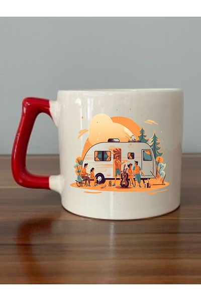 lili hediyelik Red Handled Mug with Caravan and Holiday Image - Ceramic Tea, Coffee Gift Cup