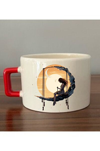 lili hediyelik كوب سيراميك نسائي مطبوع بمقبض أحمر يتأرجح على القمر