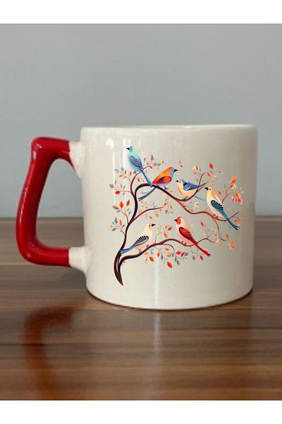lili hediyelik Red Handled Mug with Bird Image - Ceramic Tea, Coffee Gift Cup