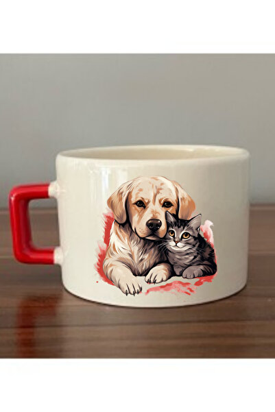lili hediyelik Cup with Cat and Dog Red Handle Ceramic Mug - Ceramic Tea, Cof...