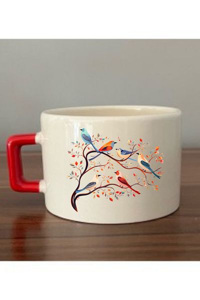lili hediyelik Bird Printed Cup with Red Cup Ceramic Mug - Ceramic Tea, Coffee Gift Cup