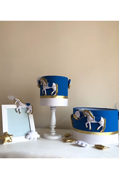 Leobabyroom İndigo Mavi Gold Detaylı Süslü At, Kral Tacı,Yıldız,Bulut Figürlü Tasarım Avize Abajur Çerçeve Seti