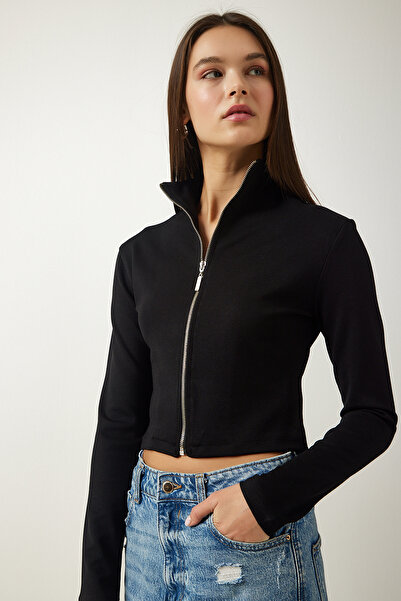 Happiness İstanbul Dámská černá pletená halenka s vysokým límcem na zip SF00011