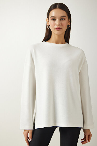 Happiness İstanbul Dámská pletená halenka Ecru Crew s měkkou texturou UB00221