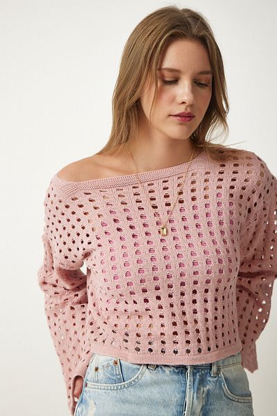 Happiness İstanbul Women's Powder Openwork Crop Knitwear Sweater AS00027