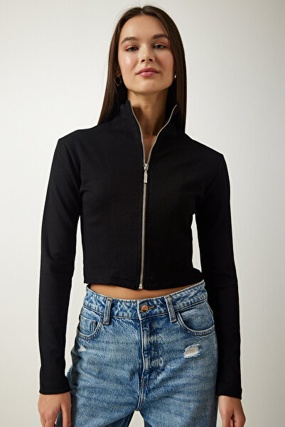 Happiness İstanbul Dámská černá pletená halenka s vysokým límcem na zip SF00011