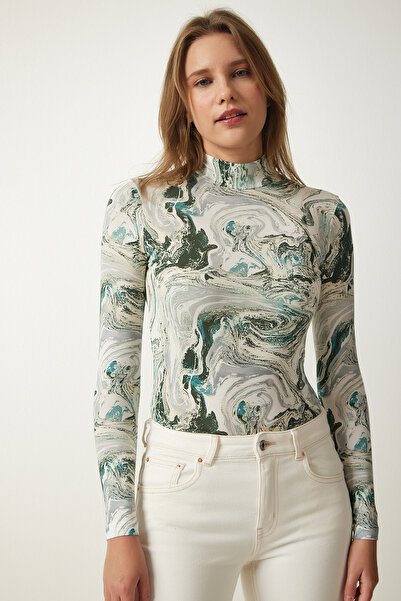 Happiness İstanbul Women's Green Patterned Soft Textured Knitted Blouse RX00038