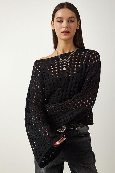 Happiness İstanbul Pulover negru de damă, tricotat cu ajurat, AS00027