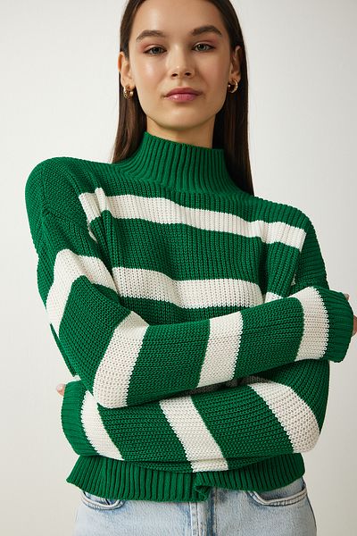Happiness İstanbul Grüner gestreifter Strickpullover mit Stehkragen für Damen ZA00073