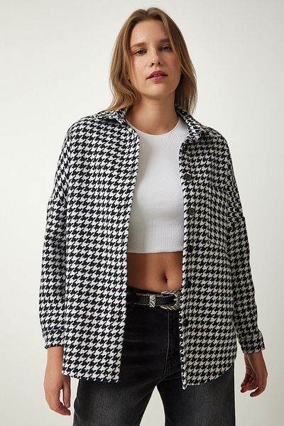 Happiness İstanbul Dámská černobílá košile se vzorem Houndstooth Jacket Jacket DD01287