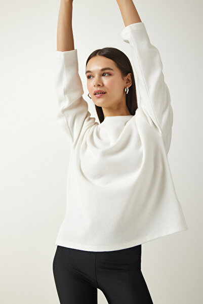 Happiness İstanbul Dámská pletená halenka Ecru Crew s měkkou texturou UB00221