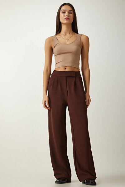 Happiness İstanbul Dámské hnědé pohodlné kalhoty Palazzo v pase na suchý zip Lİ00113