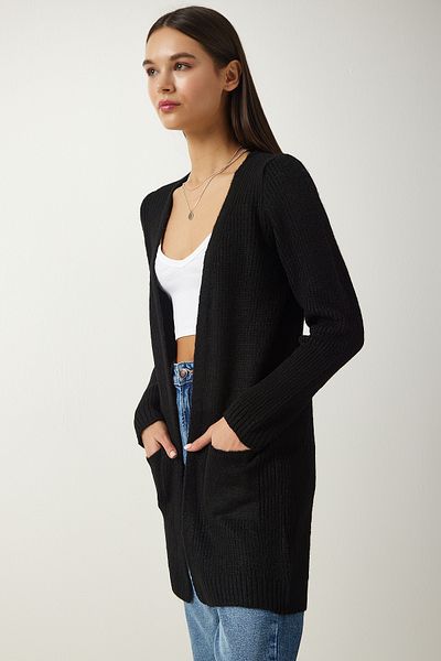 Happiness İstanbul Damen-Strickjacke mit Taschen in Schwarz YG00103
