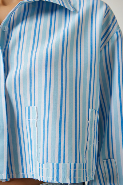 Happiness İstanbul Cămașă țesută din bumbac cu dungi albastru deschis pentru femei SF00010