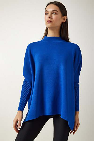 Happiness İstanbul Pulover de damă, albastru, cu guler în picioare, tricotaj cu fante, poncho ZA00074