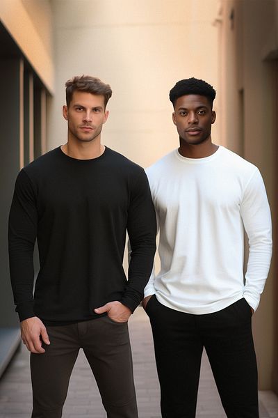 Trendyol Collection 2 csomagos fekete-fehér 100% pamut hosszú ujjú pólók - normál szabású TMNAW24TS00001