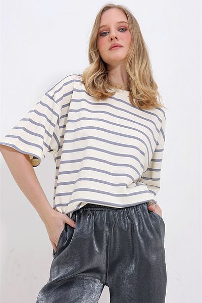 Trend Alaçatı Stili Women's Gray Crew Neck Ribbed Striped 2 Thread Unisex T-Shirt ALC-X11418