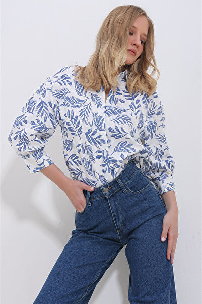 Trend Alaçatı Stili Women's Blue Leaf Patterned Balloon Sleeve Hidden Placket...