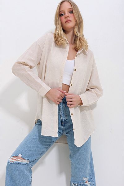 Trend Alaçatı Stili Dámska krémová ľanová košeľa oversize ALC-X10343