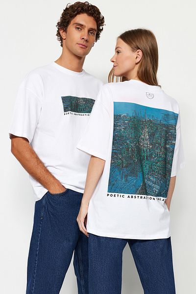 Trendyol Collection White Unisex Oversize Devrim Erbil Printed Knitted T-Shirt TWOSS24TS00017