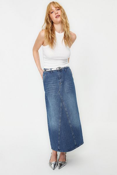 Trendyol Collection Blue Stitching Detailed High Waist Maxi Denim Skirt TWOSS24ET00009