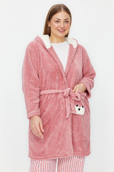 Trendyol Curve Plüschtierfigur Powder Wellsoft Gestrickter Morgenmantel mit Kapuze und Taschen – TBBAW24SB00013