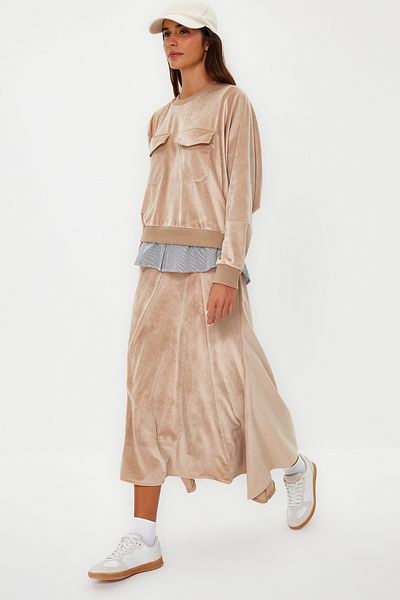 Trendyol Modest Light Brown Velvet Inside Shirt Detailed Knitted Skirt Bottom-Top Set TCTAW24US00118