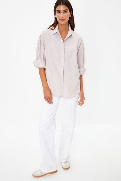 Trendyol Collection Beiges gestreiftes Oversize-Gewebehemd - TWOSS23GO00144