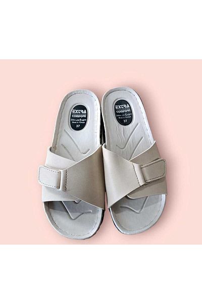 Ayakkabix Women's Beige Velcro Comfort Slippers