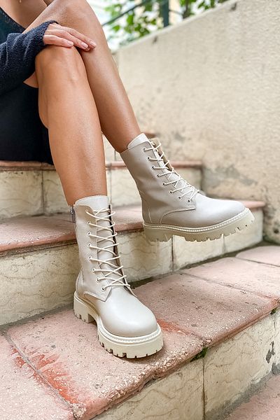 SHOEBELLAS Γυναικείες μπότες Edzard Beige Δερμάτινες Lace Up