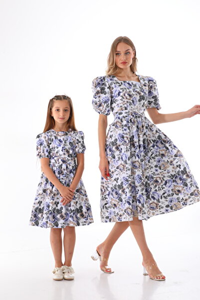 Moda Lippa Gül Desenli Vintage Mavi Anne Kız Çocuk Kombini (Tekli Fiyattır)