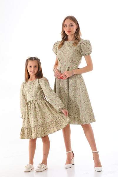 Moda Lippa Çiçek Desenli Kloş Fıstık Yeşil Anne Kız Çocuk Kombini (Tekli Fiyattır)