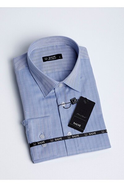 Erkek Gömlek %100 Pamuk Slim Fit Balık Sırtı Desen Mavi Renk Klasik Giyim 22137