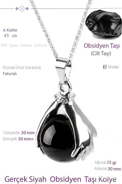 Tesbih Atölyesi Certified Hand Claw Model Real Obsidian Stone Necklace
