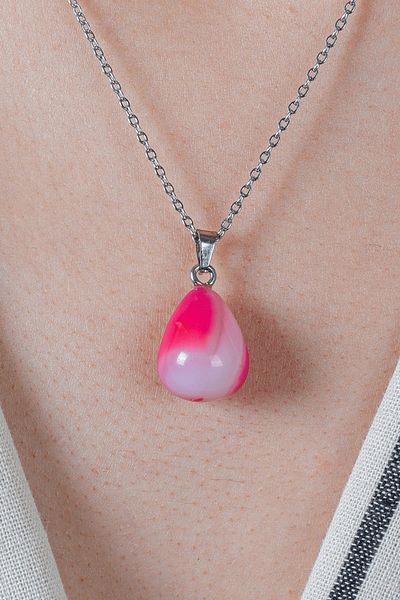 Tesbih Atölyesi Certified Drop Model Real Pink Agate Stone Necklace