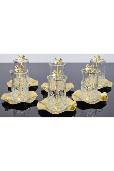 atabey home 6 KİŞİLİK 18 PARÇA ÇAY KAŞIKLI ODİN ÇAY SETİ METAL TABAKLI KELEBEK KAŞIK