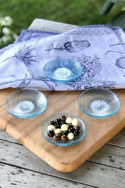 Sunu Loka Mavi Çizgili 4'lü Set Cam Mini Ikram Tabağı - 8,5 Cm